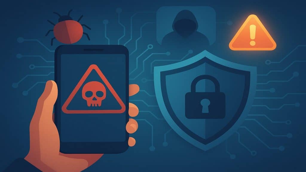 Ilustración de amenazas cibernéticas con iconos de malware, escudo de seguridad y dispositivo móvil